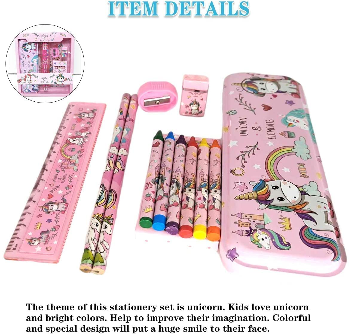 Unicorn Stationery Kit Gift Set for Kids – 6 in 1 Cartoon School Items for Kid view 3